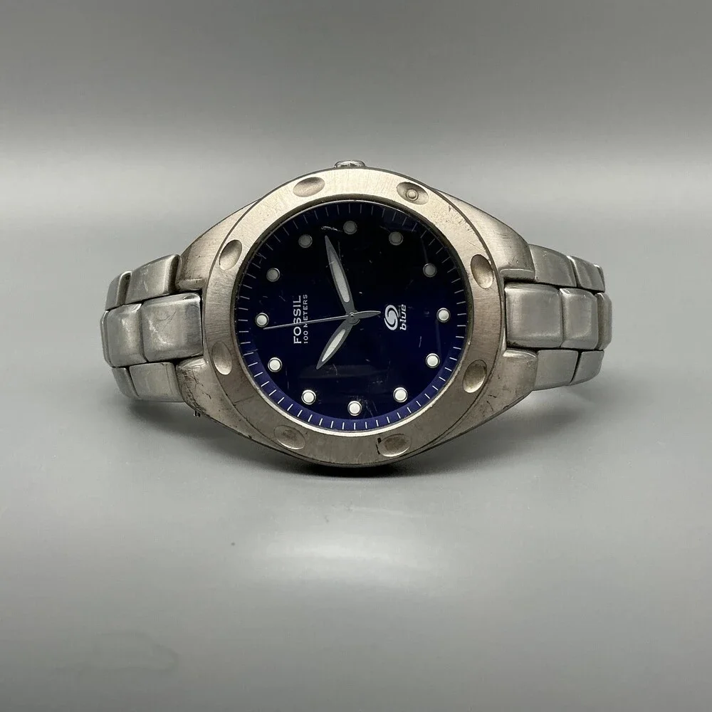 Fossil Blue AM-3319 Mens Watch 39mm Blue Dial Silver Tone New Battery 7